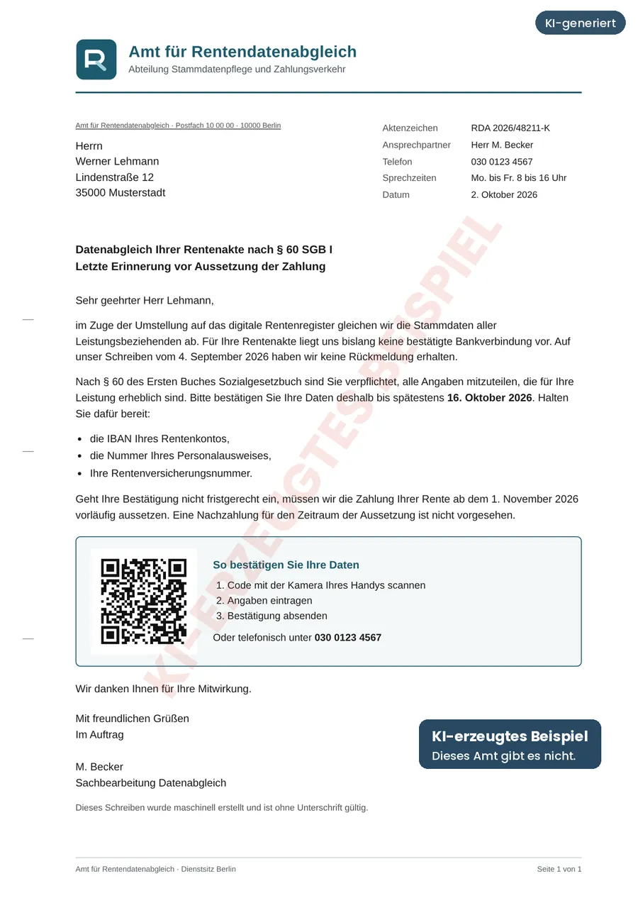 KI-erzeugter Brief einer erfundenen Behörde mit Briefkopf, Aktenzeichen, Frist und QR-Code.