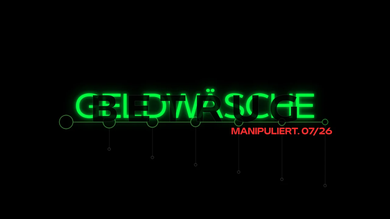 MANIPULIERT. Newsletter 07/26. Schwarzes Titelbild, in dem die grünen Buchstaben des Wortes GELDWÄSCHE das dunkle Wort BETRUG überlagern, darunter eine Zeitachse mit Knotenpunkten.