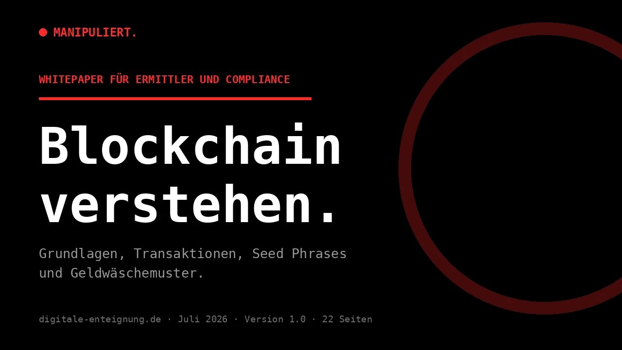 Cover: Blockchain verstehen. Whitepaper für Ermittler und Compliance, MANIPULIERT., digitale-enteignung.de