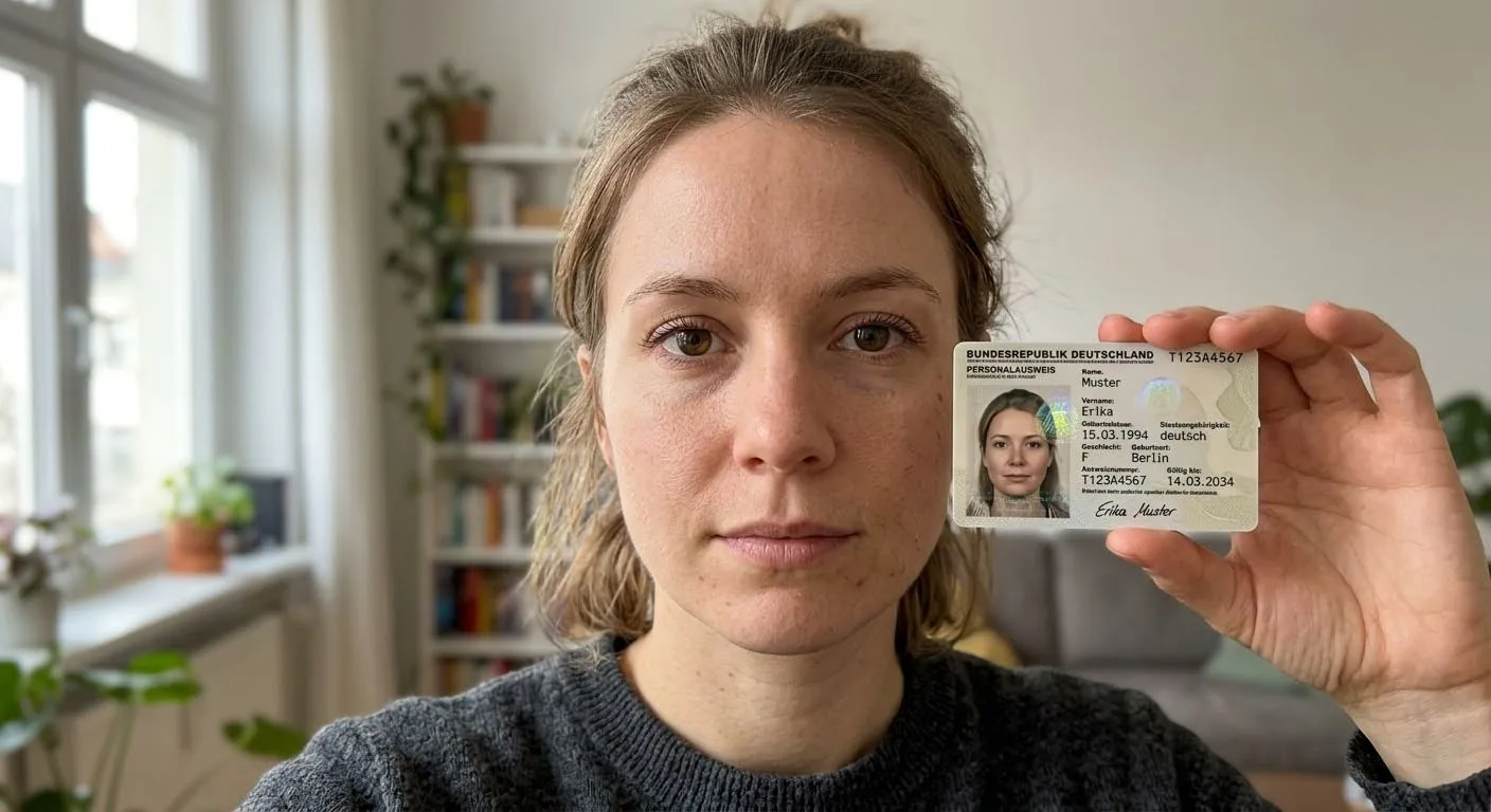 Junge Frau hält einen Personalausweis 'Erika Muster' in die Kamera · vollständig KI-generiert